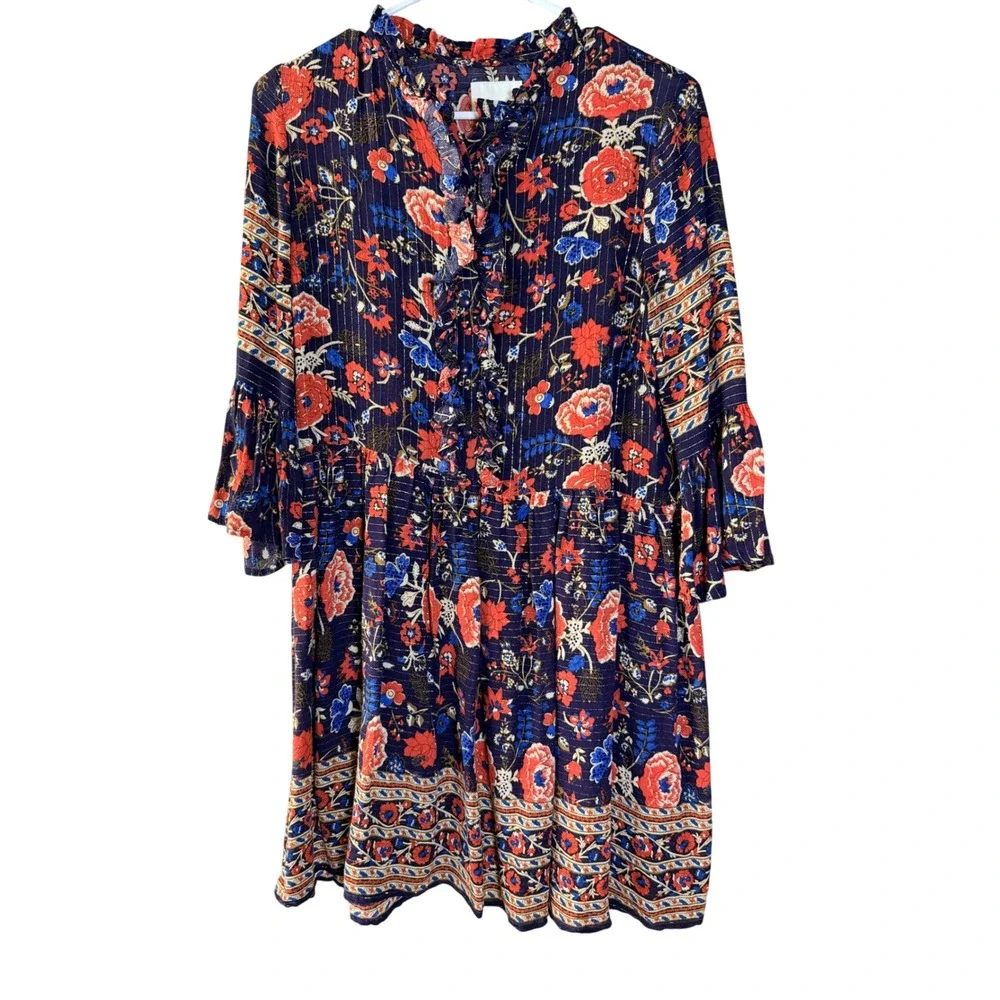 Eri + Ali Floral Metallic Ruffle Boho Mini Dress Size S